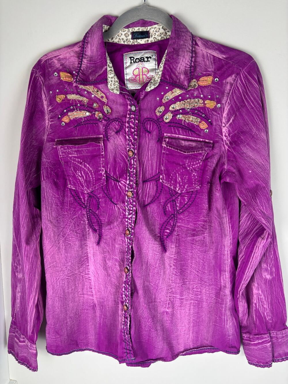 Roar Womens L Pink Embellished Western Shirt Rhinestone Embroidered Distressed